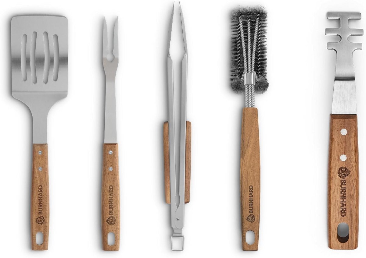 5-Delige Houten Grillgereedschapset Roestvrij Staal Lange Handgrepen