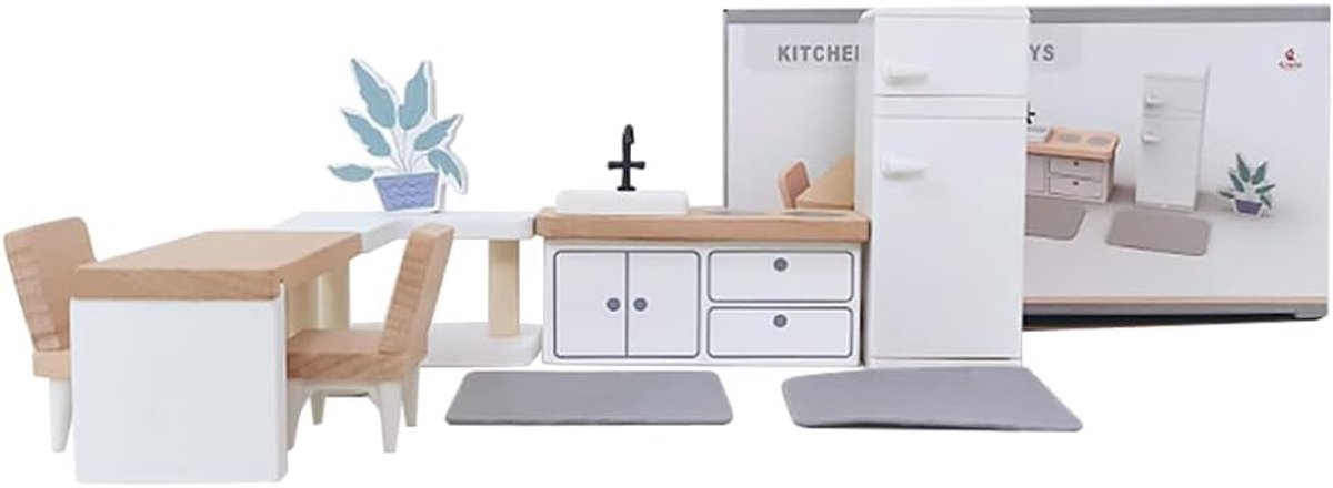 Houten Poppenhuis Meubels Set - Miniatuur Keuken, Woonkamer, Slaapkamer & Badkamer Speelgoed voor Meisjes vanaf 3 Jaar