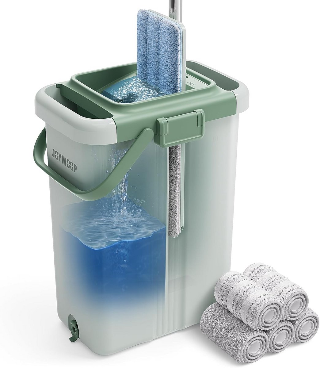 Platte Dweil en Emmer Set met Wringer en 5 Microvezel Pads - Vloerreiniger Lang Handvat