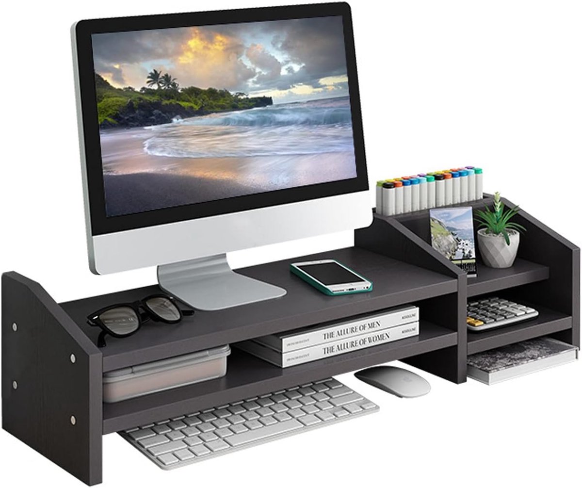 Houten Monitor Verhoger met 2 Lagen Opslag - Desktop Organizer voor PC en Laptop - Zwart
