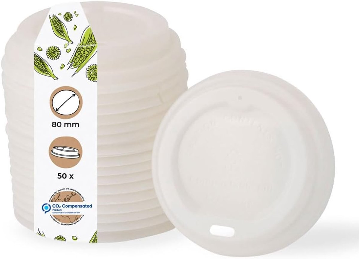 50x Koffiedeksel To Go Bioplastic Composteerbaar Witte Deksels 3 Maten
