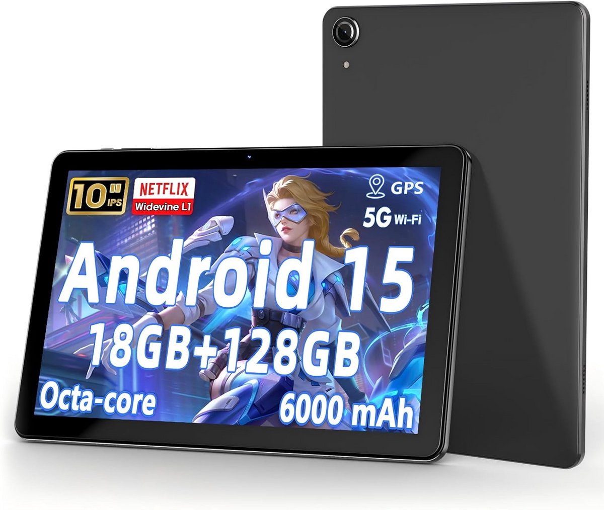 10 Inch Tablet Android 15 - 18GB RAM, 128GB Opslag (uitbreidbaar) - Octa Core HD Scherm & Lange Batterijduur