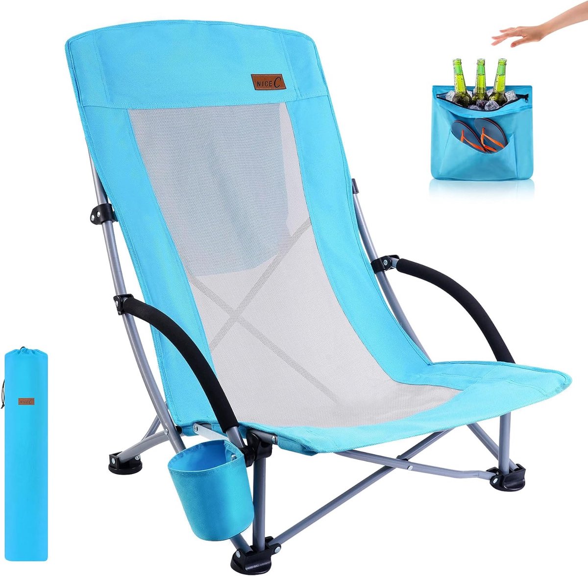 Opvouwbare Camping- en Strandstoel met Hoge Rugleuning, Bekerhouder en Koeltas