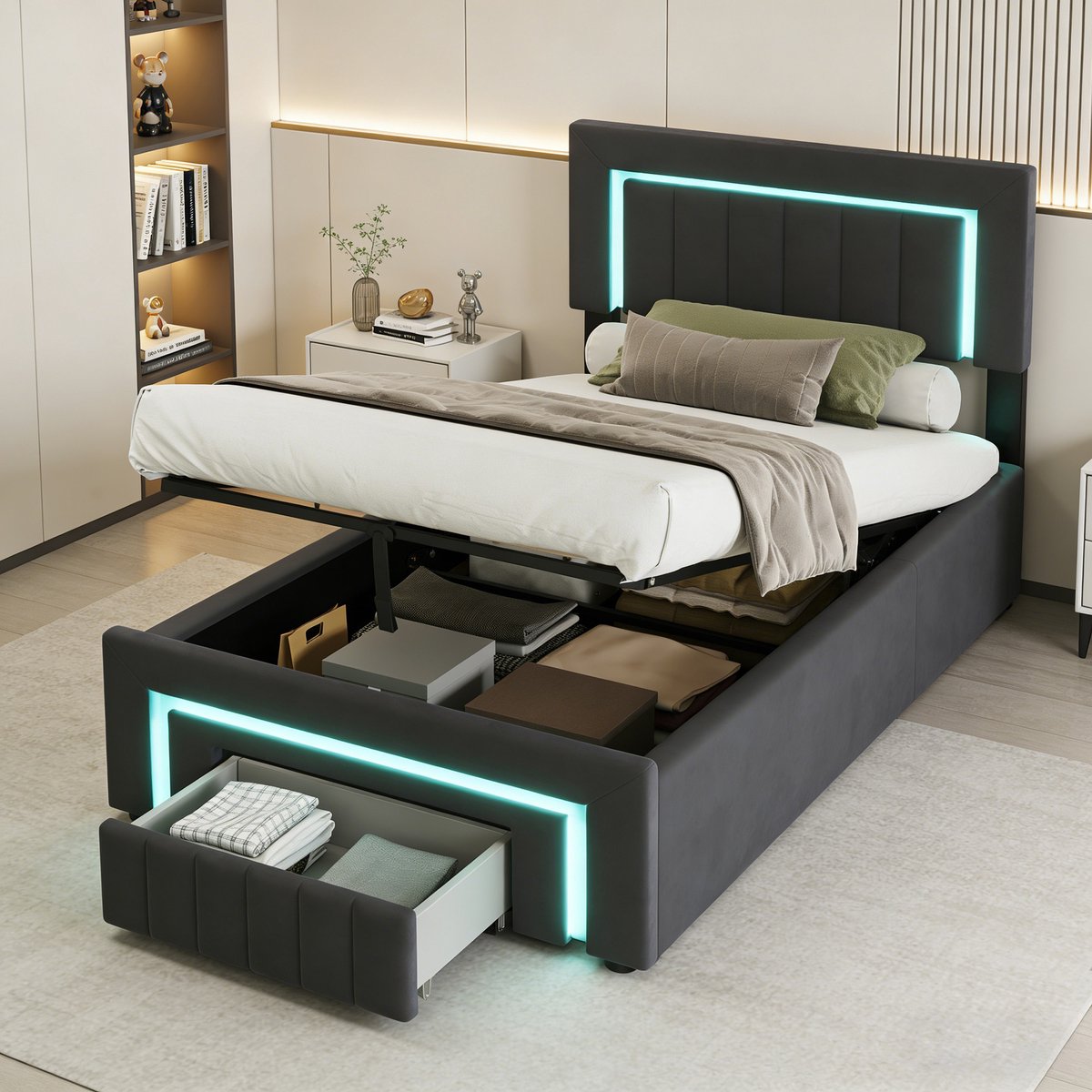 FloraGrace Opbergbed 90x200 Cm Met LED Verlichting En Laden, Donkergrijs - Praktisch Bed Met Ruime Opbergruimte en LED Verlichting Voor Een Strakke Slaapkamerinrichting