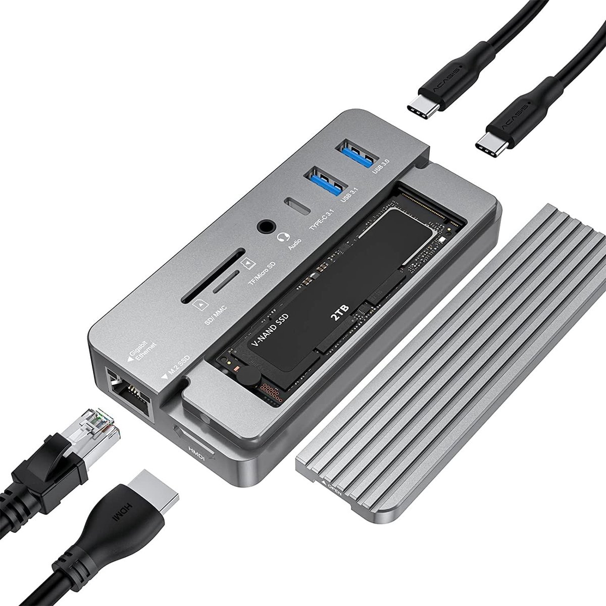10-in-1 USB-C Hub met M.2 SSD Behuizing, 4K HDMI & Kaartlezer voor Laptop/iPad