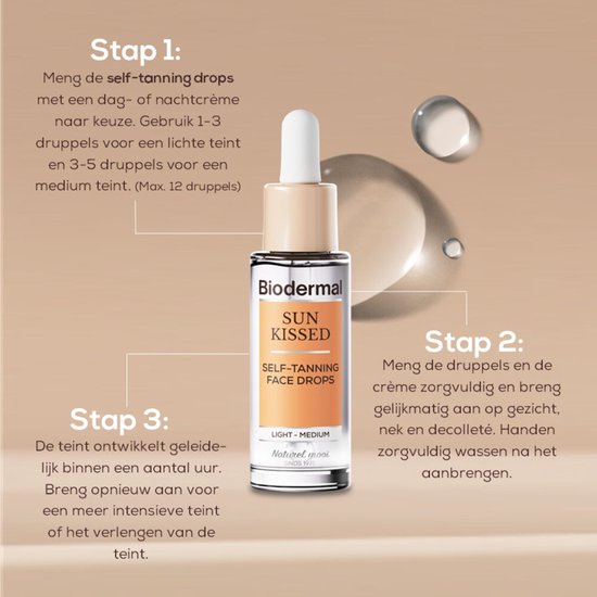 Gouden flesje met druppelaar voor Biodermal Sun Kissed zelfbruinende druppels, met uitleg over gebruik.
