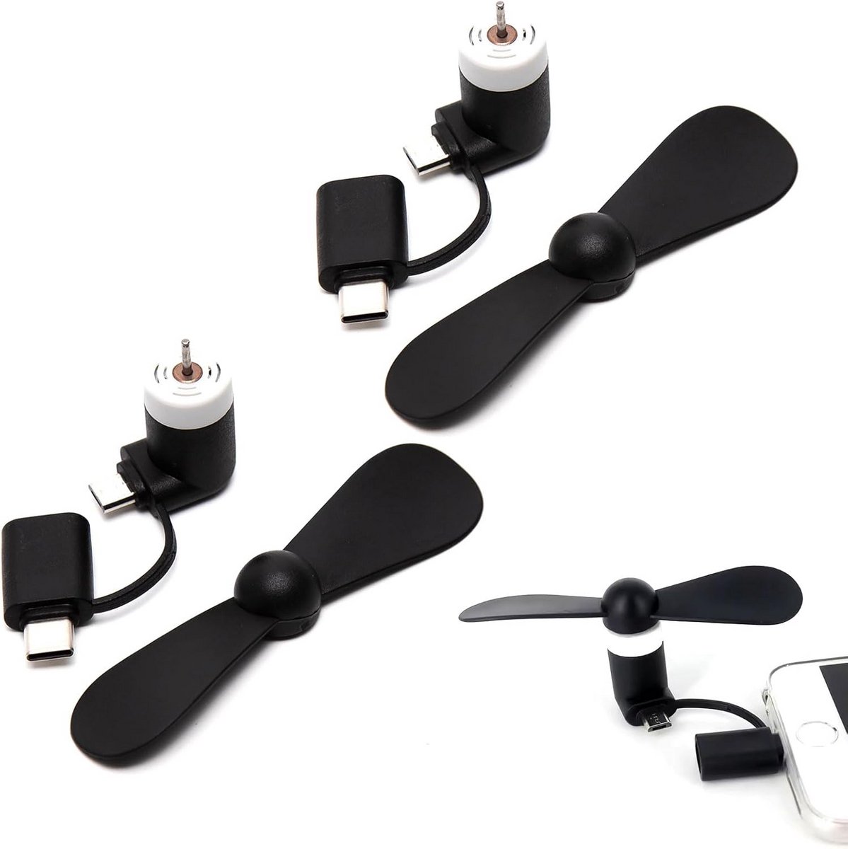 2x Mini USB Ventilator voor Smartphone - Micro USB & Type-C - Draagbaar Zwart