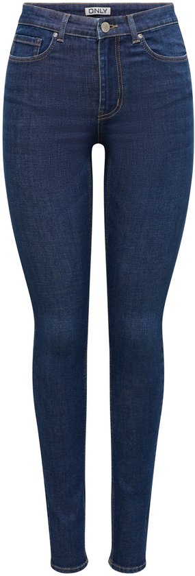Donkerblauwe skinny jeans met hoge taille, met merklabel 'ONLY'.