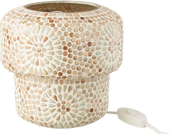 Une lampe de table en mosaïque beige et blanc à motif floral, en verre. Avec interrupteur marche/arrêt.