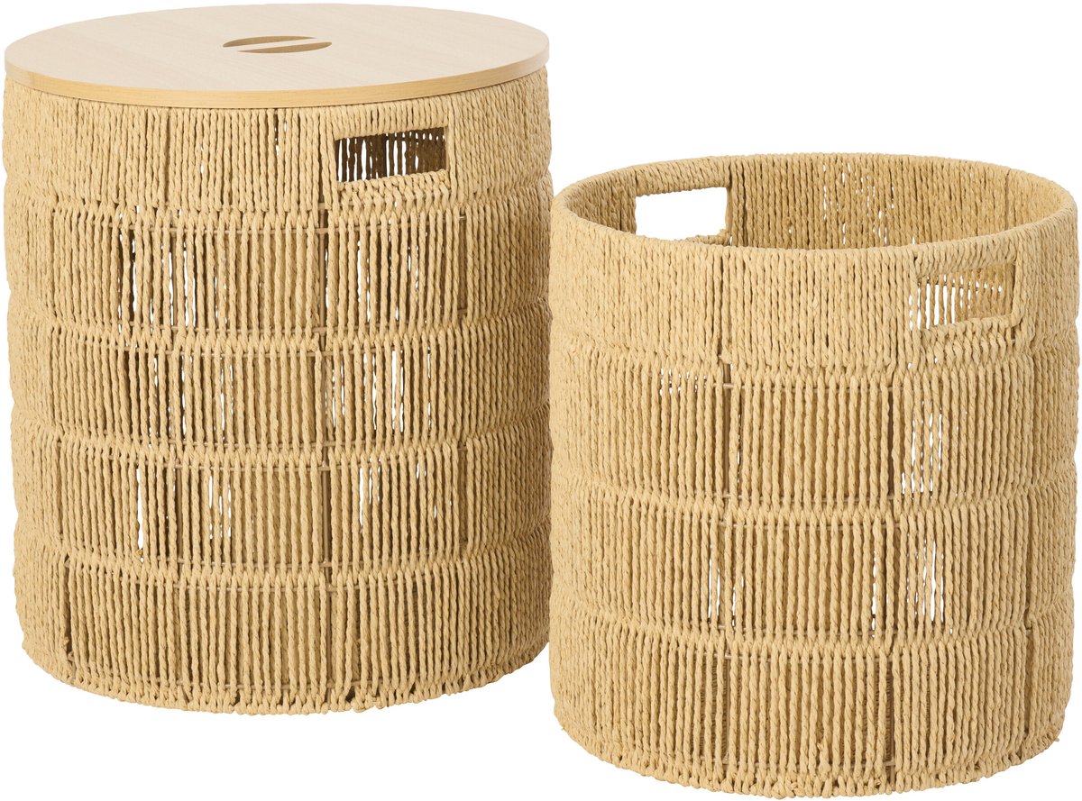 J-Line mand + deksel Rond - ijzer/papier - naturel - set van 2