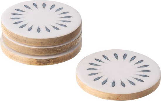 J-Line Dessous de verre Rond - bois - bleu foncé/blanc - set de 4