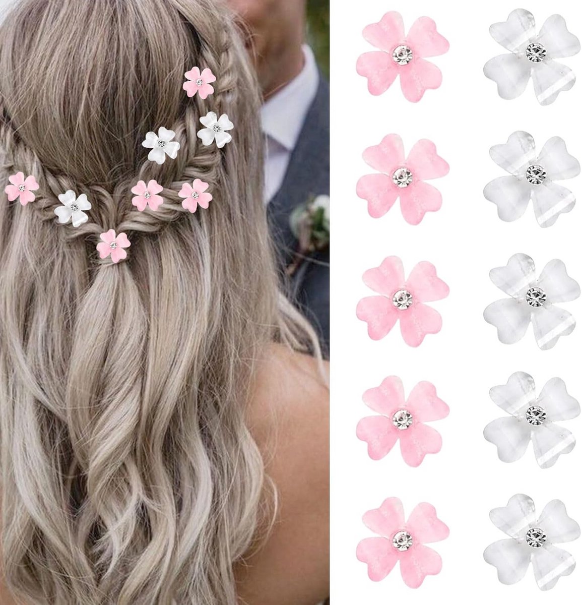 Set van 10 Mini Haarspeldjes met Roze en Witte Bloemen en Strass Steentjes