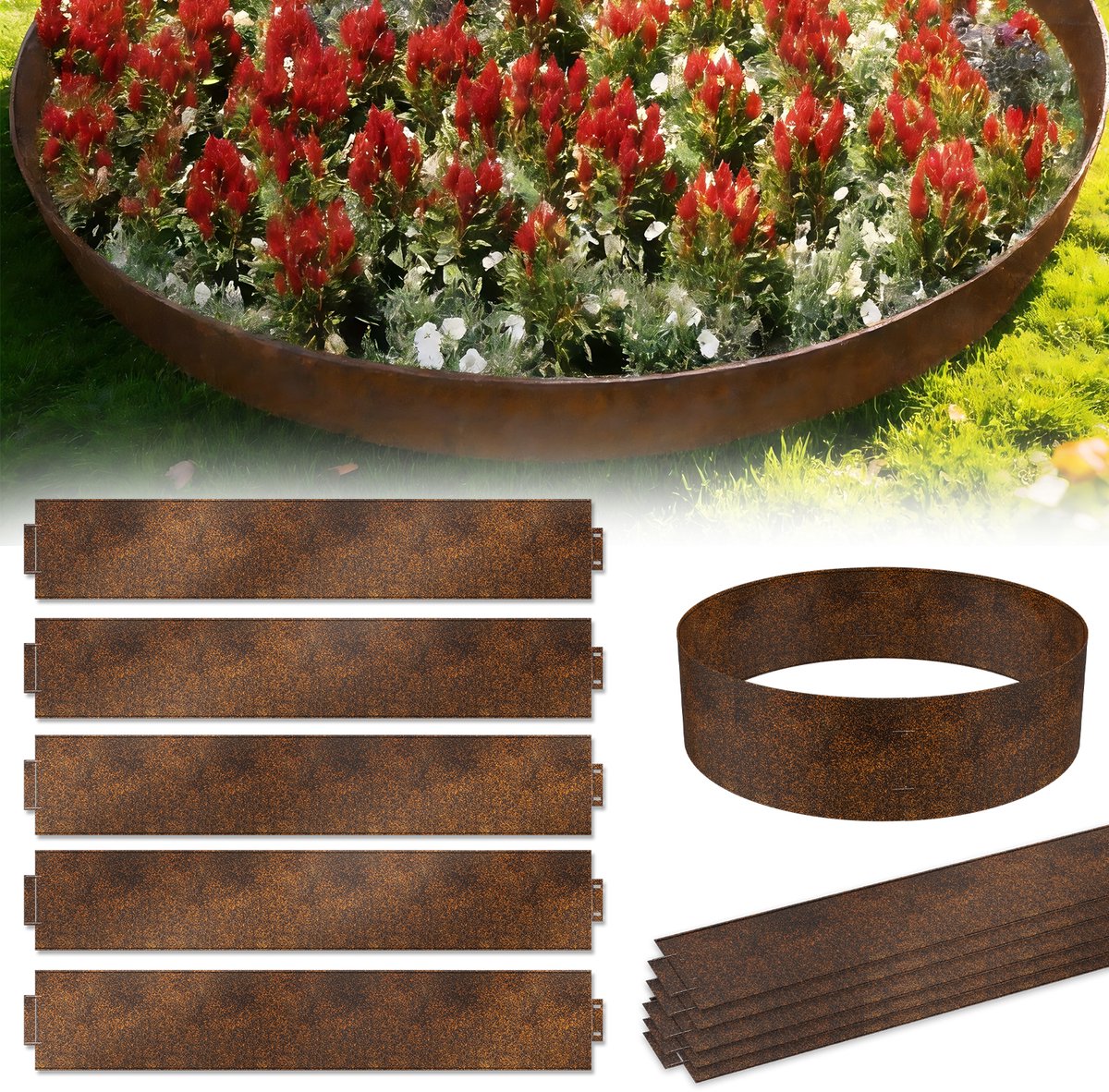 Aufun Gegalvaniseerde Gazonrand - 5 Stuks - 100 cm X 15 cm (Lengte X Hoogte) - 5 Meter - Gegalvaniseerde Metalen Bloembedrand - Roestkleurig - Verweerde Afwerking Bloembedrand - Gazonrand - Geschikt Voor Tuinen, Gazons, Bloembedden