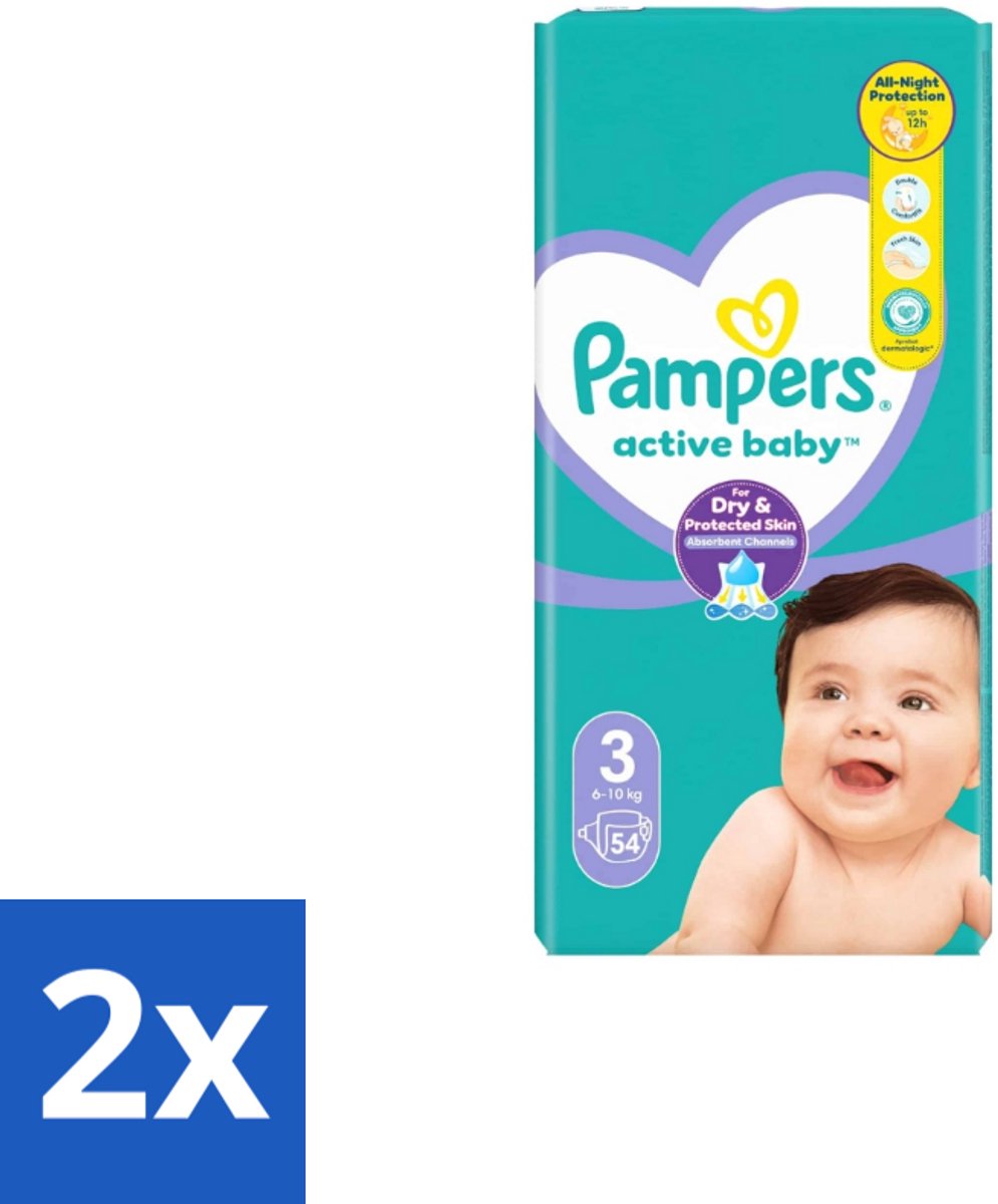 2 x Pampers – Luiers – Active Baby Maat 3 – 54 Luiers - Baby Luiers - Droge Nachten - Vocht Absorberend - Luchtdoorlatend - Huid Bescherming