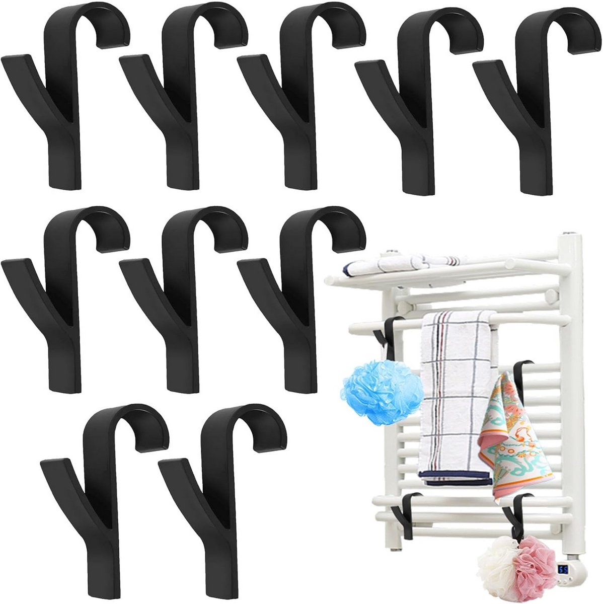 Set van 10 Radiator Haken voor Handdoeken - Flexibele Ophanghaken Zwart
