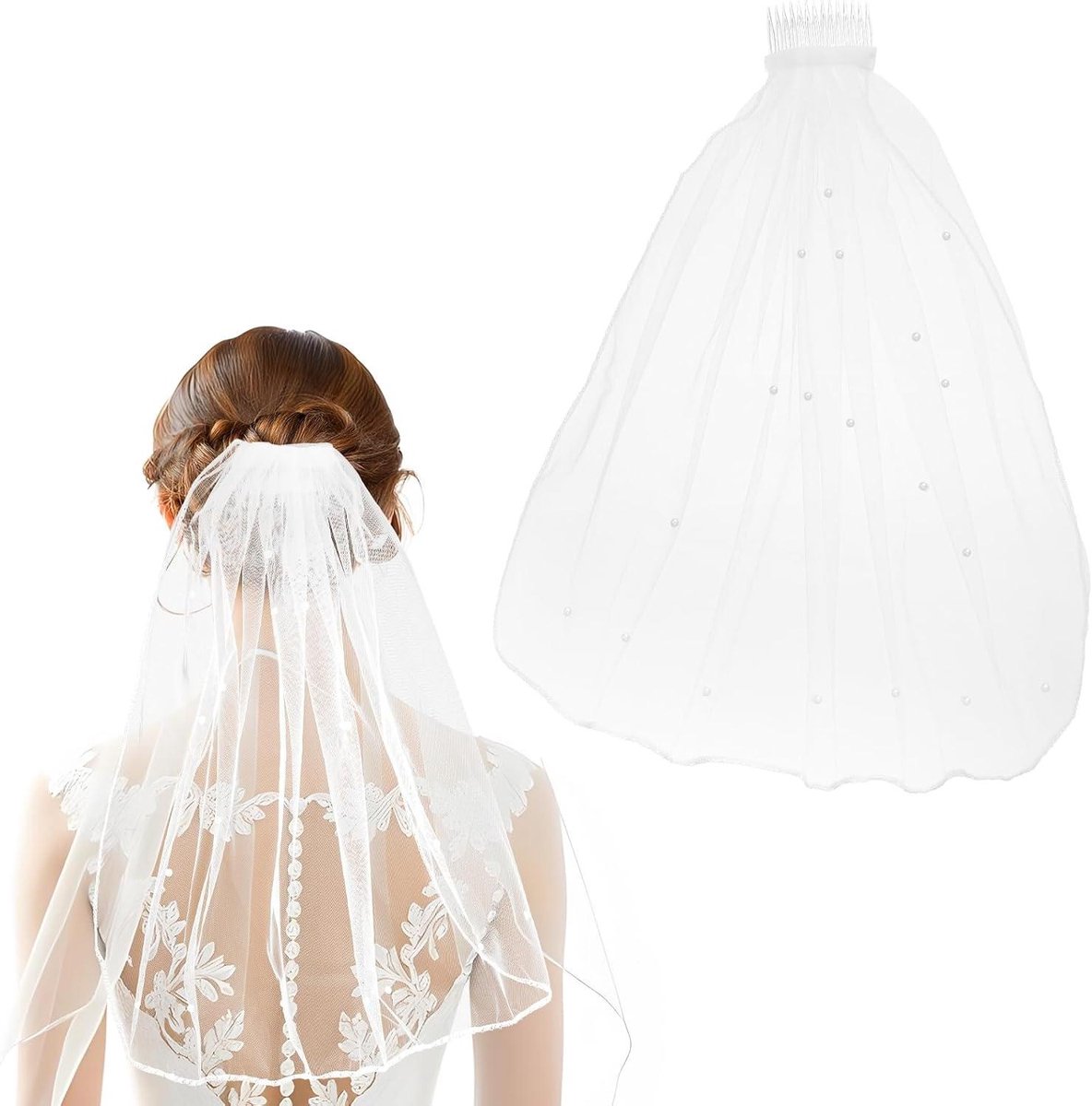 Elegante bruidsluier met parels en strik, 45 cm kamsluier voor bruiloft en fotoshoot in wit Halloween thema