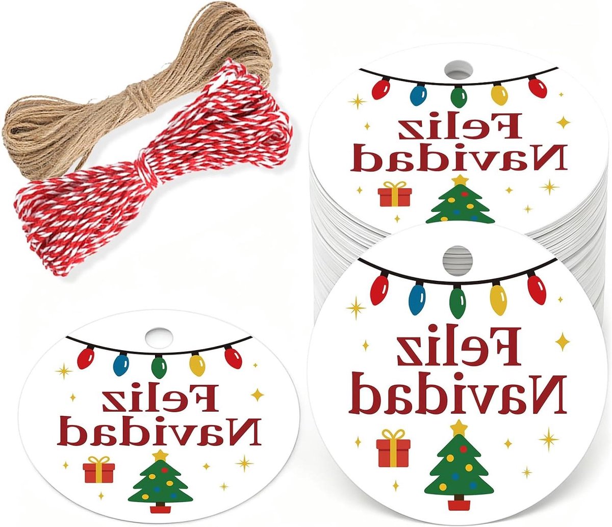 Cadeauhangers voor kerstboom - Set van 100 witte papieren hangers met koord - Kerstdecoratie en geschenkverpakking - Kerstetiketten met Feliz Navidad.