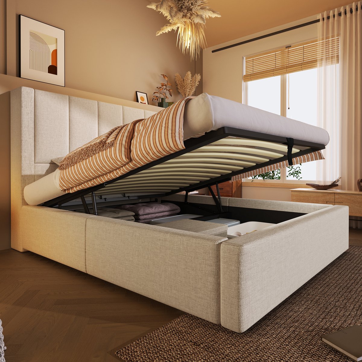Wishdor Gestoffeerd Bed 90x200 cm – Hydraulische Opbergruimte – Hoofdbord met Bekerhouder en Laadstation – Linnen – Beige