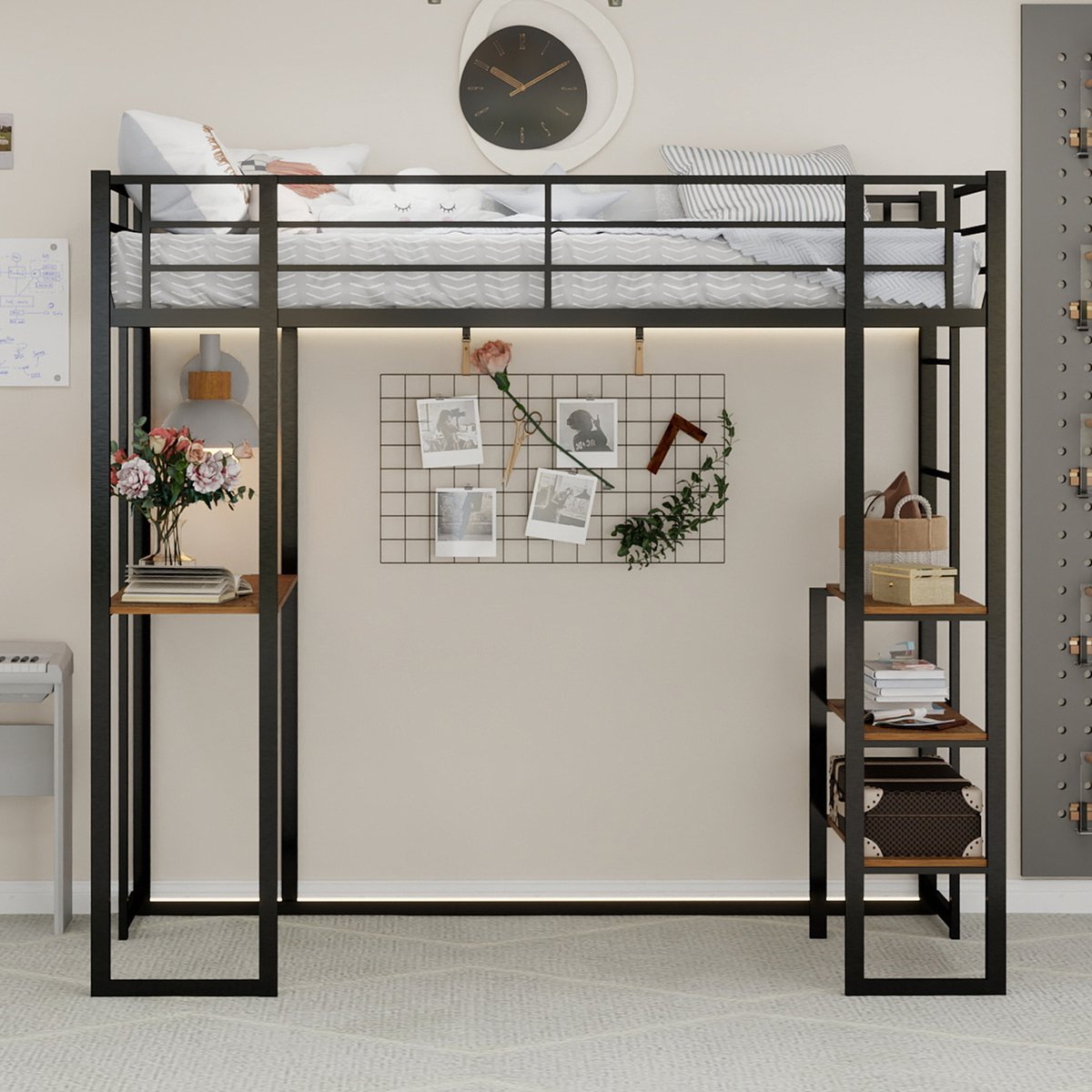 Wishdor Stapelbed Met L-Vormig Bureau - Trap & Reling - Zwart IJzer - Studie & Slaap Combinatie