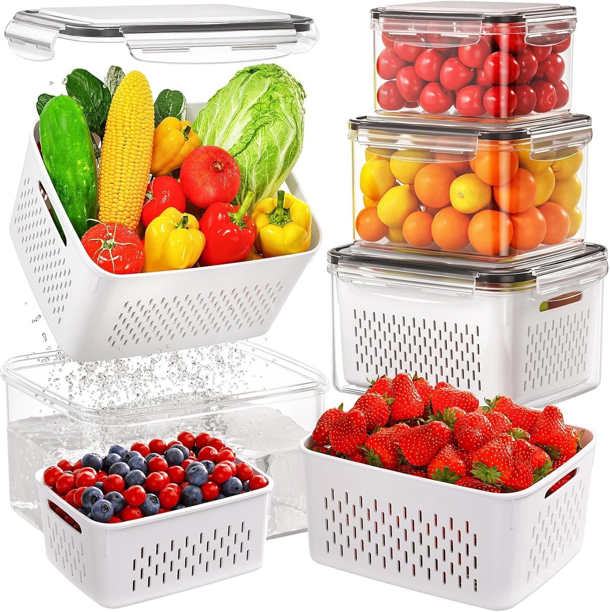 Koelkast Organizer Set - Vershouddozen Stapelbaar - Groenten Fruit Opslag - Met Deksel Zeef - 4 Maten Inclusief 3.1L - Transparant