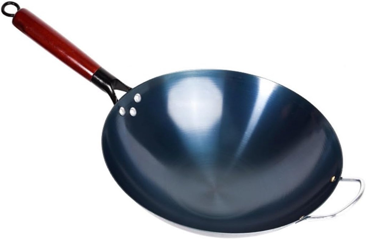 Wokpan Koolstofstaal - Roerbakpan - Snel Koken - Platte Bodem - 30cm Diameter - Zwart