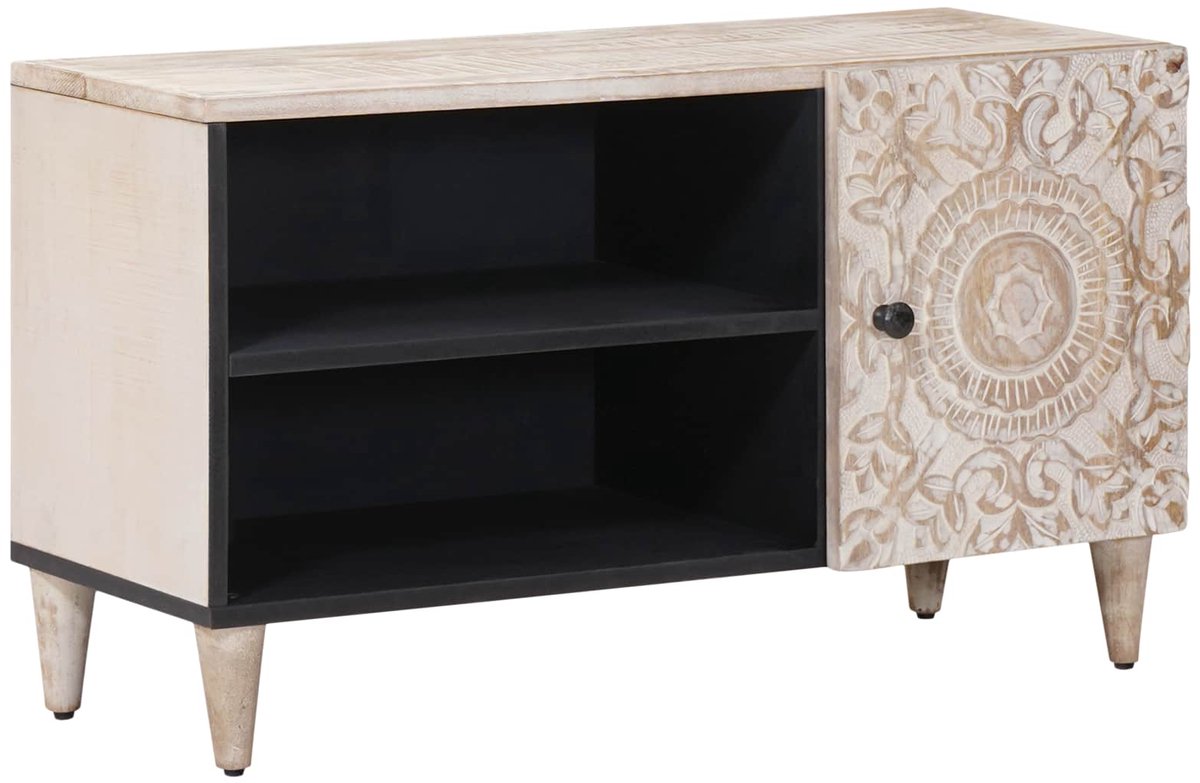 vidaXL - TV - Kast - met - plank - Wit - 80 - x - 31,5 - x - 46 - cm - Massief - Mango - Hout