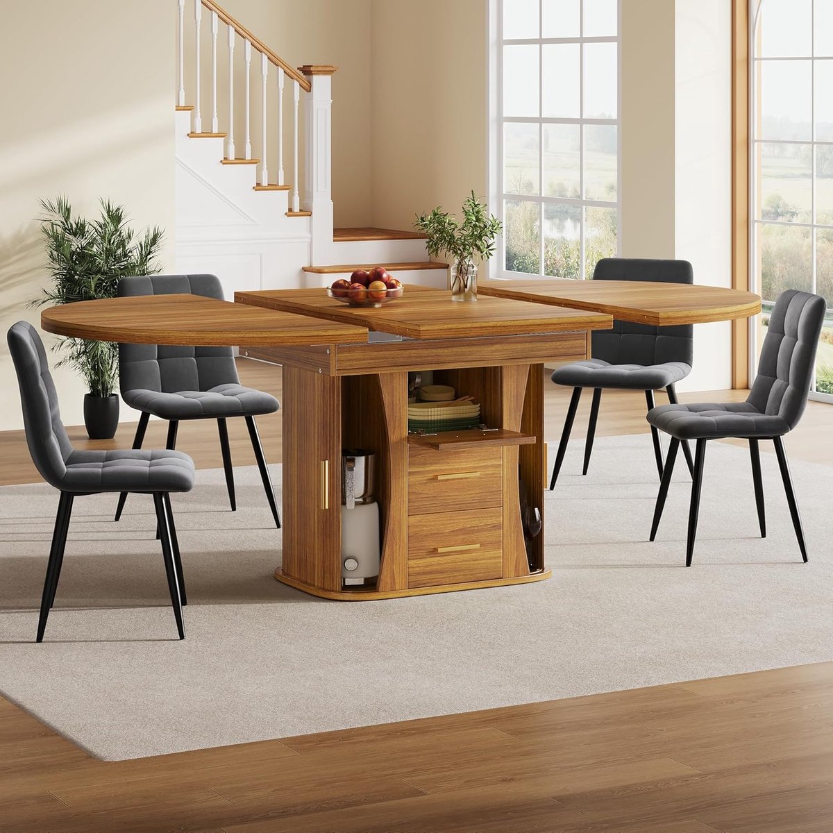Uittrekbare Eettafel - Eetkamertafel Keukentafel - Ruimte voor Zes - Drielaagse Opslag - 118-158 cm - Walnoot