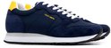 Paar donkerblauwe Teddy Smith sneakers met witte veters en accenten in geel.