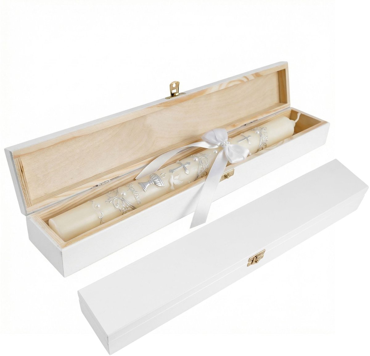 Creative Deco Witte houten kist voor doopkaars communiekaars | 47 x 7 x 5,5 cm | Houten kistje van grenenhout | Doopkaarsendoos voor lange kaars | Doopcadeau meisje jongen herinneringsdoos opbergdoos