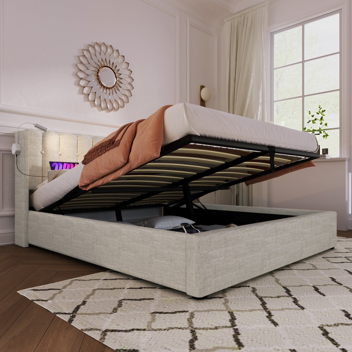 MODENUIT Gestoffeerd bed 160x200 cm – Leeslamp met 2 USB-aansluitingen – Opbergruimte – Linnen – Natuurlijk – Zonder matras Beige