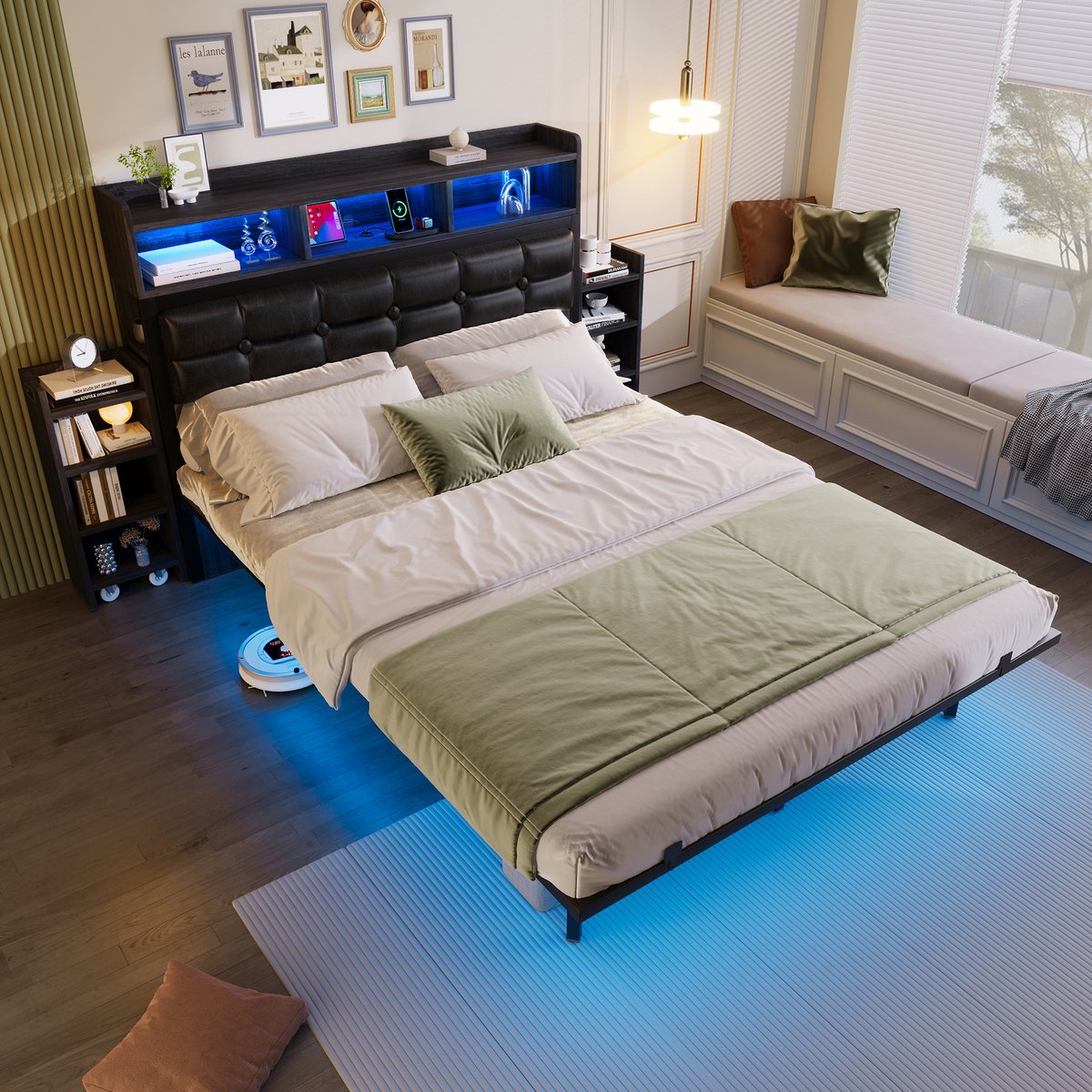 MODENUIT Tweepersoonsbed 140x190 cm – Met LED en Oplaadfunctie – 2 Uitschuifbare Nachtkastjes – Zonder matras – Grijs