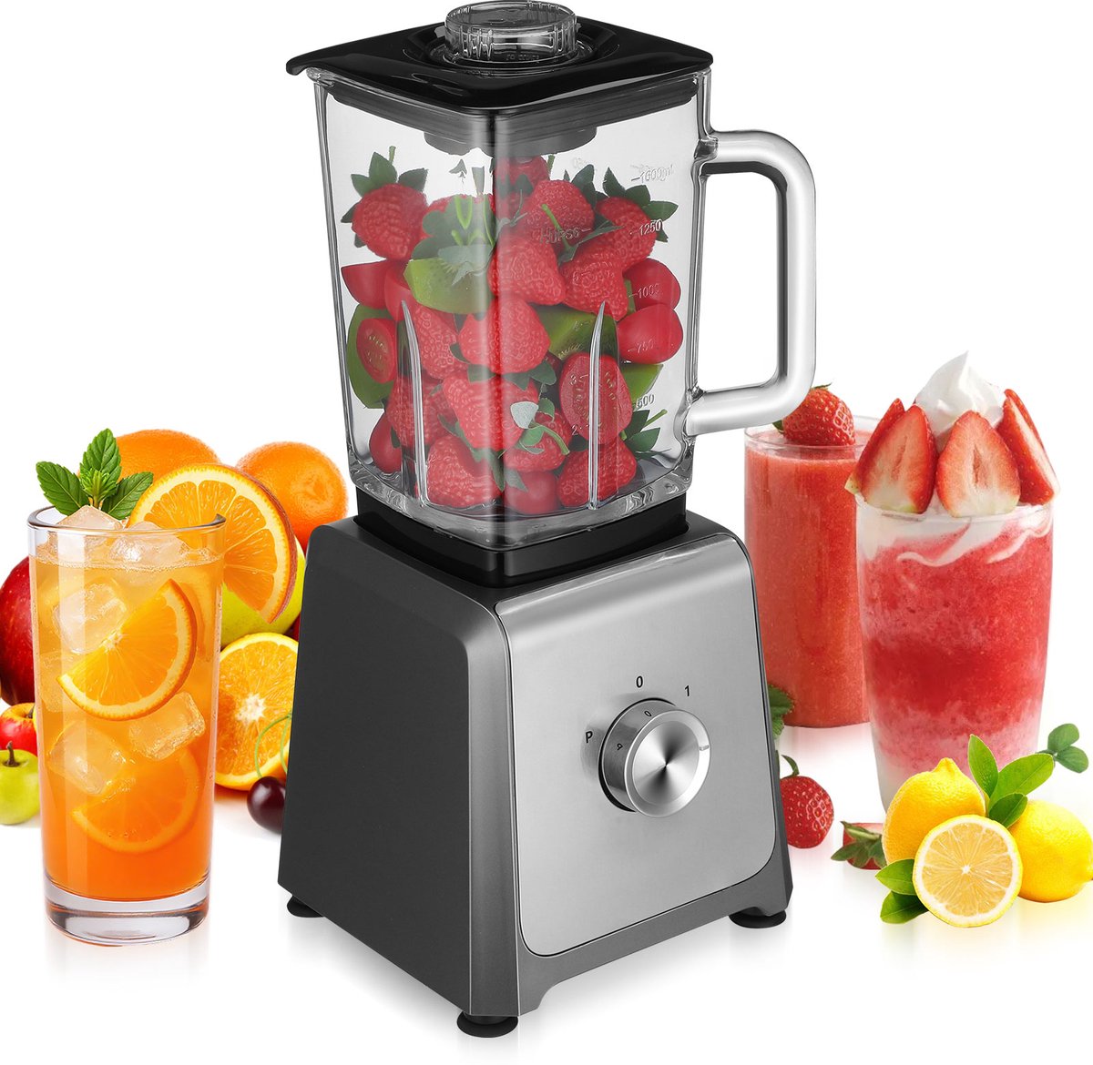 Keukenblender – 1,6 Liter Glas Kan – 6 Messen & Instelbare Snelheden – Voor Smoothies, Sap & IJs – Zilver – EU-stekker