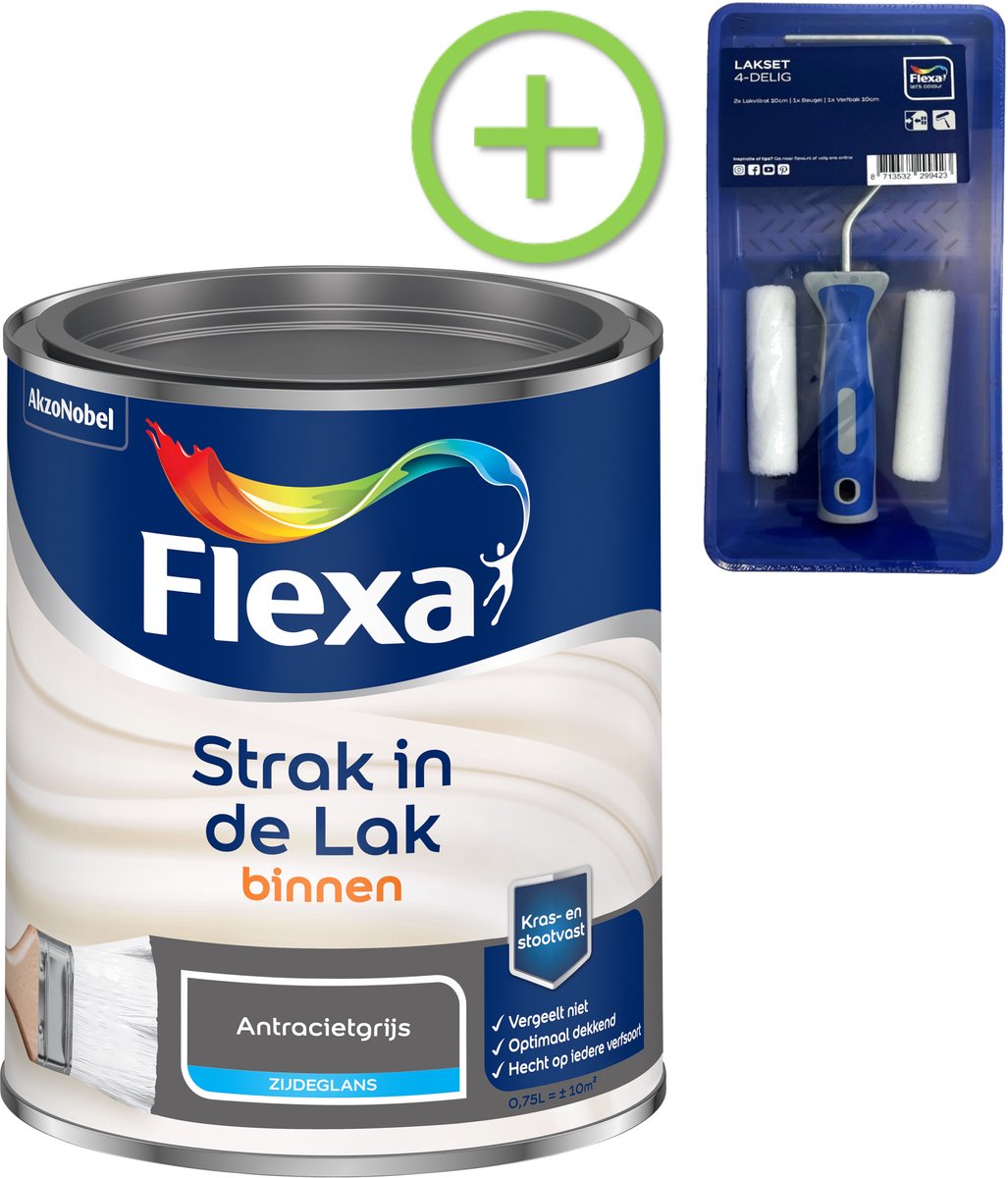 Voordeelpakket Flexa Strak In De Lak - Watergedragen - Zijdeglans - Antraciet - 750 ML + Lakroller - 4 Delig