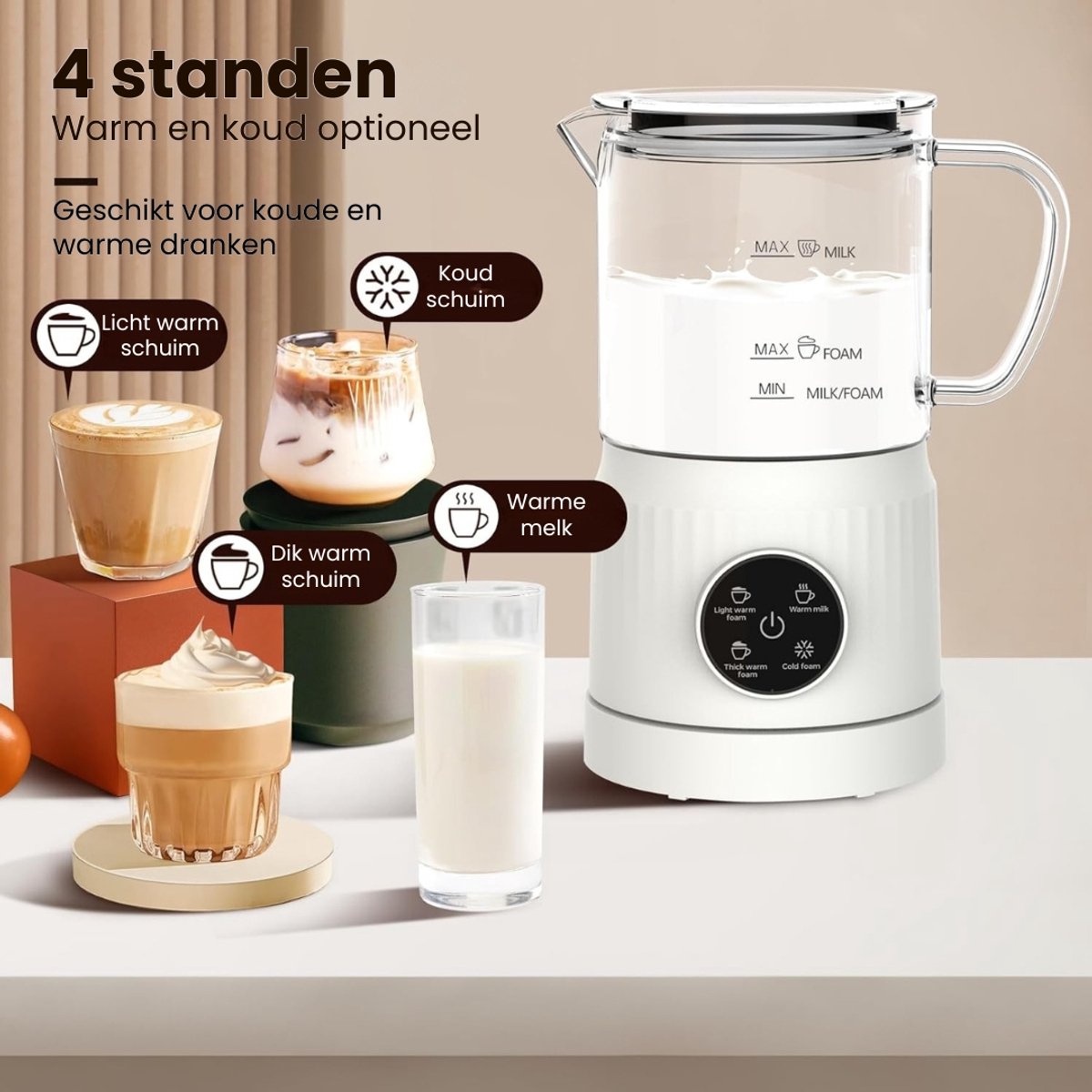 Elektrische Melkopschuimer 4-in-1 – Warm & Koud Melkschuim – Automatische Melkklopper – Stil & Snel – Voor Cappuccino, Latte & Koffie – Anti-aanbak – 300ml — cadeau in Kookcadeaus - foto 3