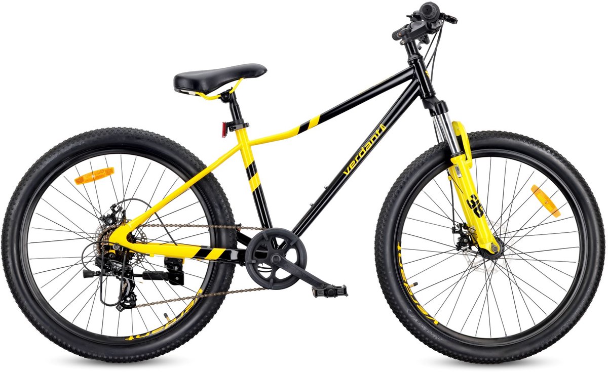 VERDANT CALIX Mountainbike 26", MTB-fiets voor dames en heren, fiets 6 inch - vering, schijfremmen, 7 versnellingen - Zwart-Geel