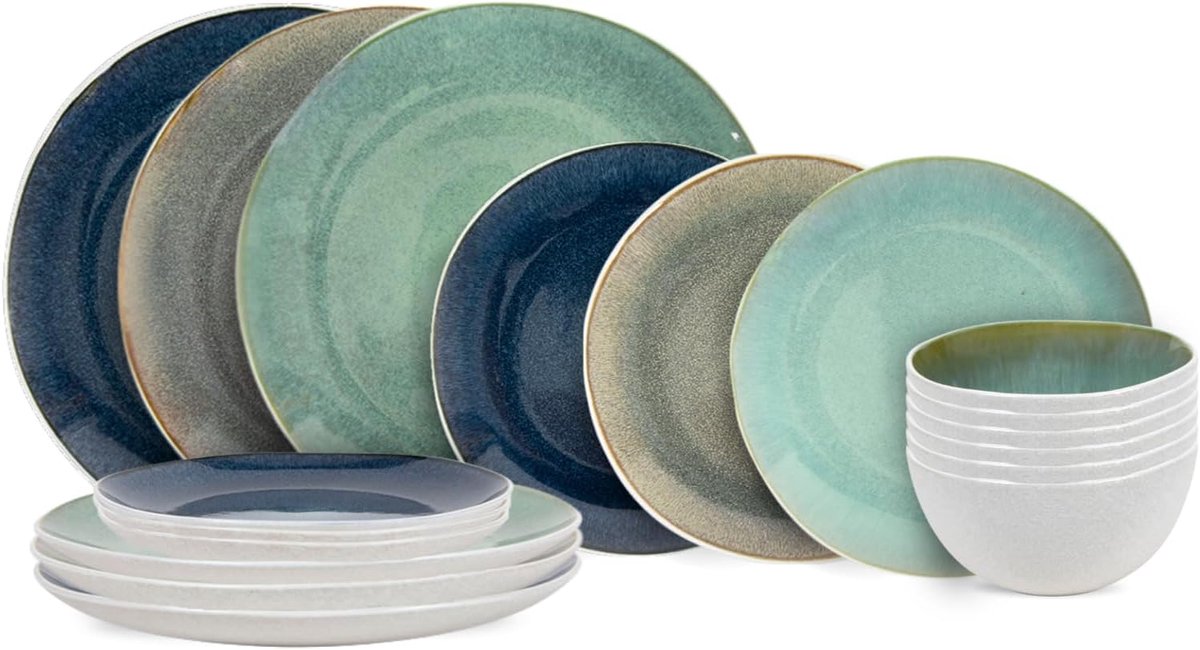 Serviesset 18-delig - Servies voor 6 - Dagelijks gebruik - Vaatwasser magnetron oven - Ø25 Ø21 Ø15 - Groen beige blauw
