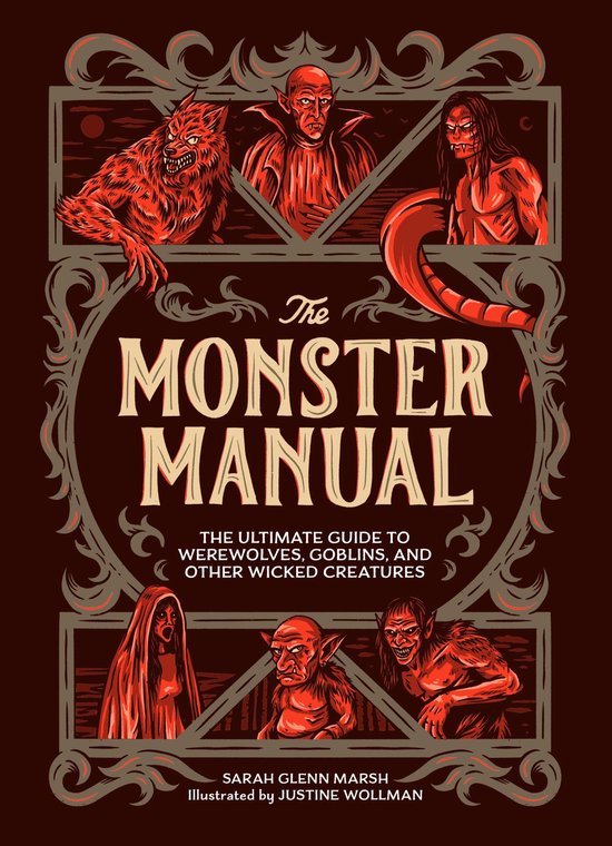 Boekomslag van 'The Monster Manual' met afbeeldingen van een weerwolf, vampier, zeemeermin, zombie en goblin.