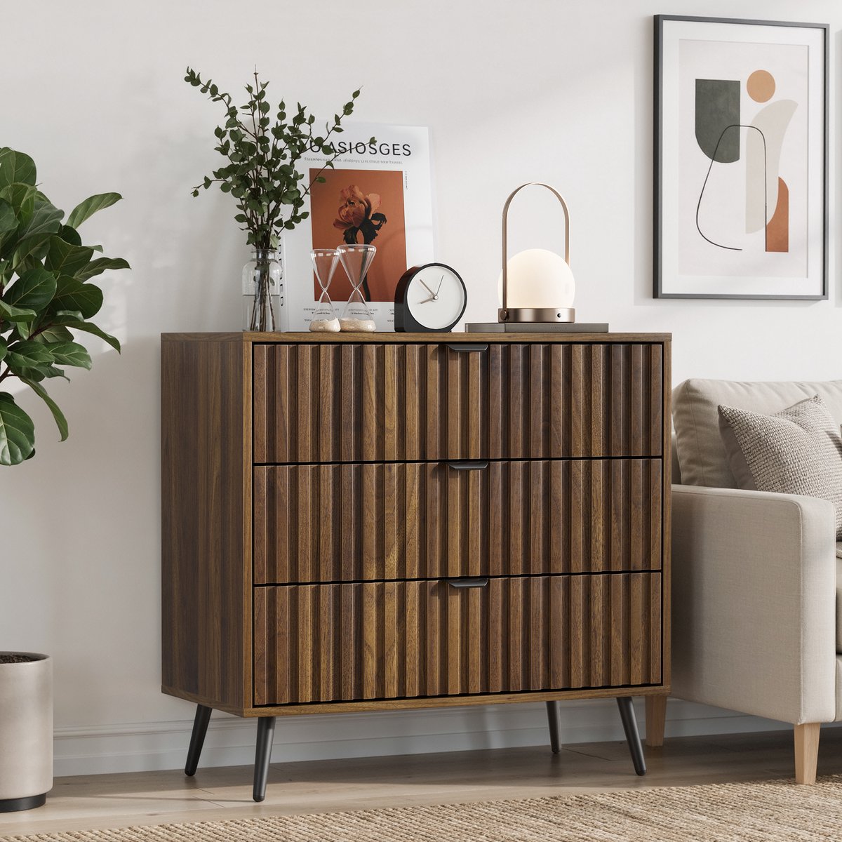 Wishdor - Ladekast - 3 Laden - Modern Ontwerp - Voor Slaapkamer Of Hal - MDF - Walnootkleur - 80 x 39 x 78 cm