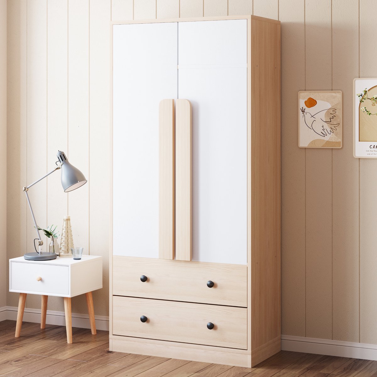 Wishdor Kledingkast - Dubbele Deuren Met Laden En Opbergvak - Modern - Voor Slaapkamer - Houtkleur En Wit - 70 X 40 X 170 Cm Natuurlijk + Wit