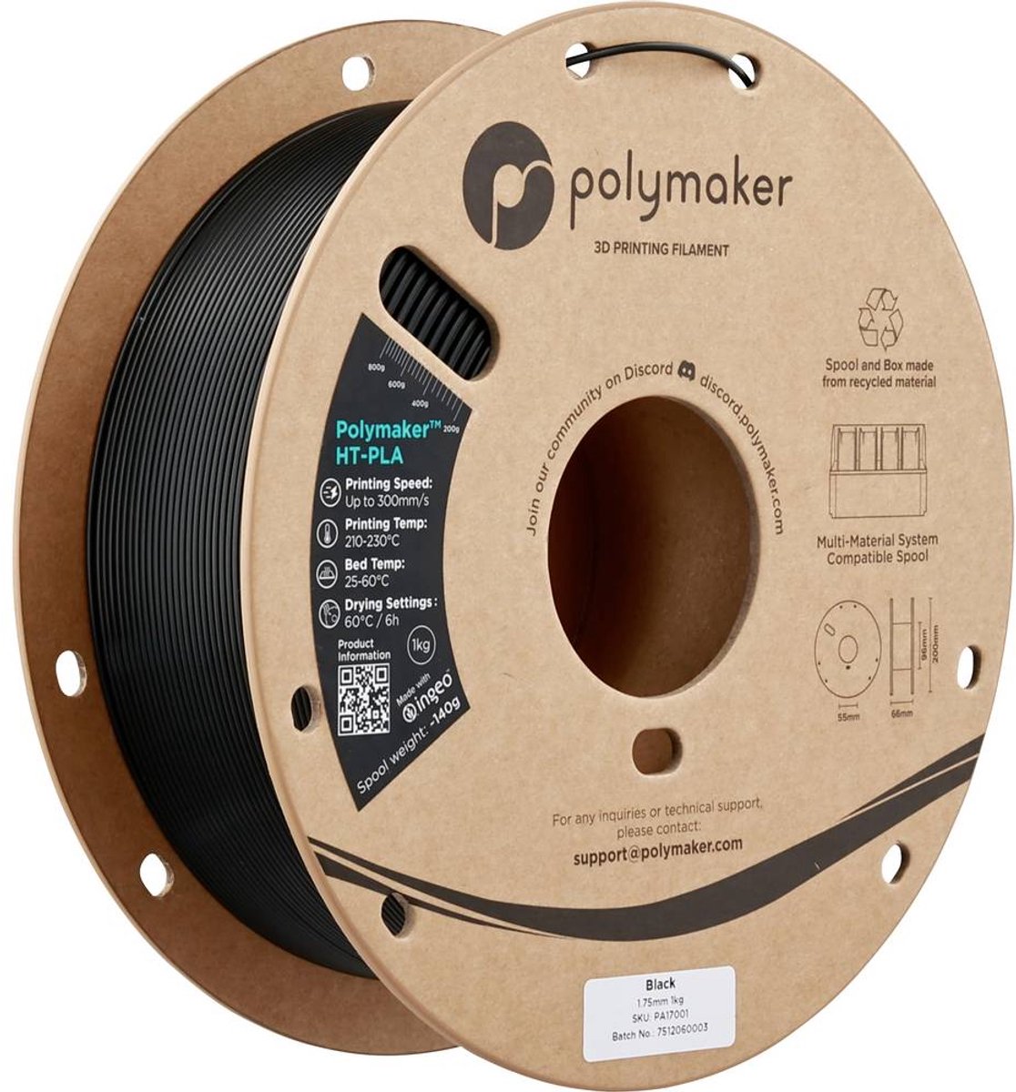 Polymaker PA17001 HT-PLA Filament PLA kunststof, HT-PLA Warmtebestendig, Highspeed filament 1.75 mm 1000 Zwart, Black 1