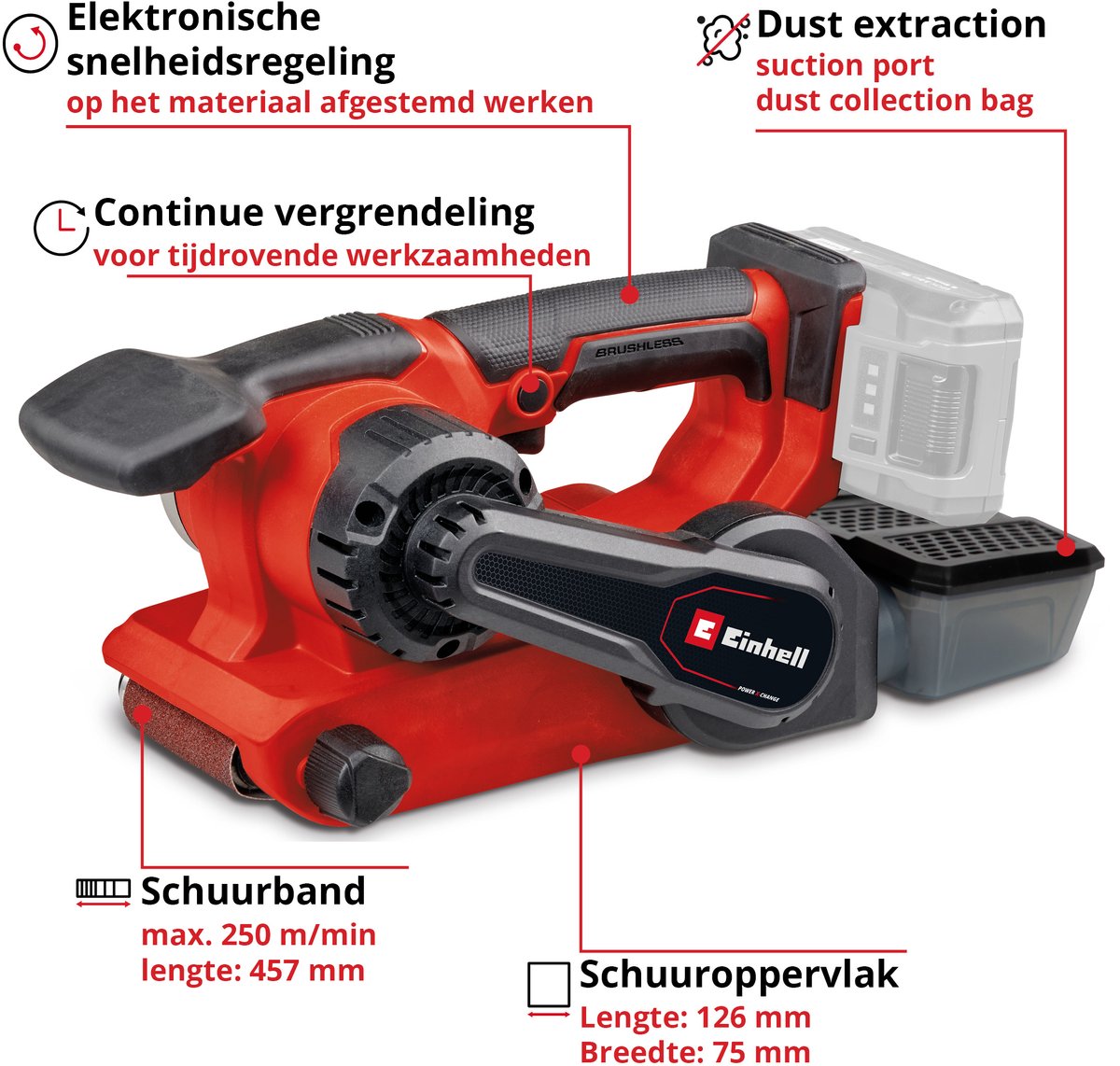 Einhell Professional Accu Bandschuurmachine TP-BS 18/457 Li BL Solo - Power X-Change - 18 V/Li-ion - Koolborstelloze motor - Schuuroppervlak: 126x75 mm - Bandgrootte: 457x75 mm - Incl. 3x schuurband (K80) - Excl. accu en lader – foto 2