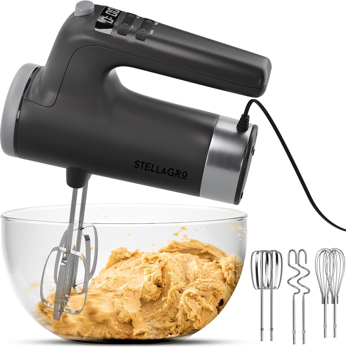 Elektrische Handmixer - Keukenmixer Beslagmaker - Bakken en Koken - 9 Snelheden Timer - 22x8x23 cm - Grijs