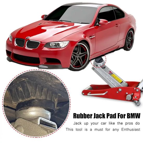 Rode BMW met een krikadapter onder de dorpel, naast een rode autokrik.