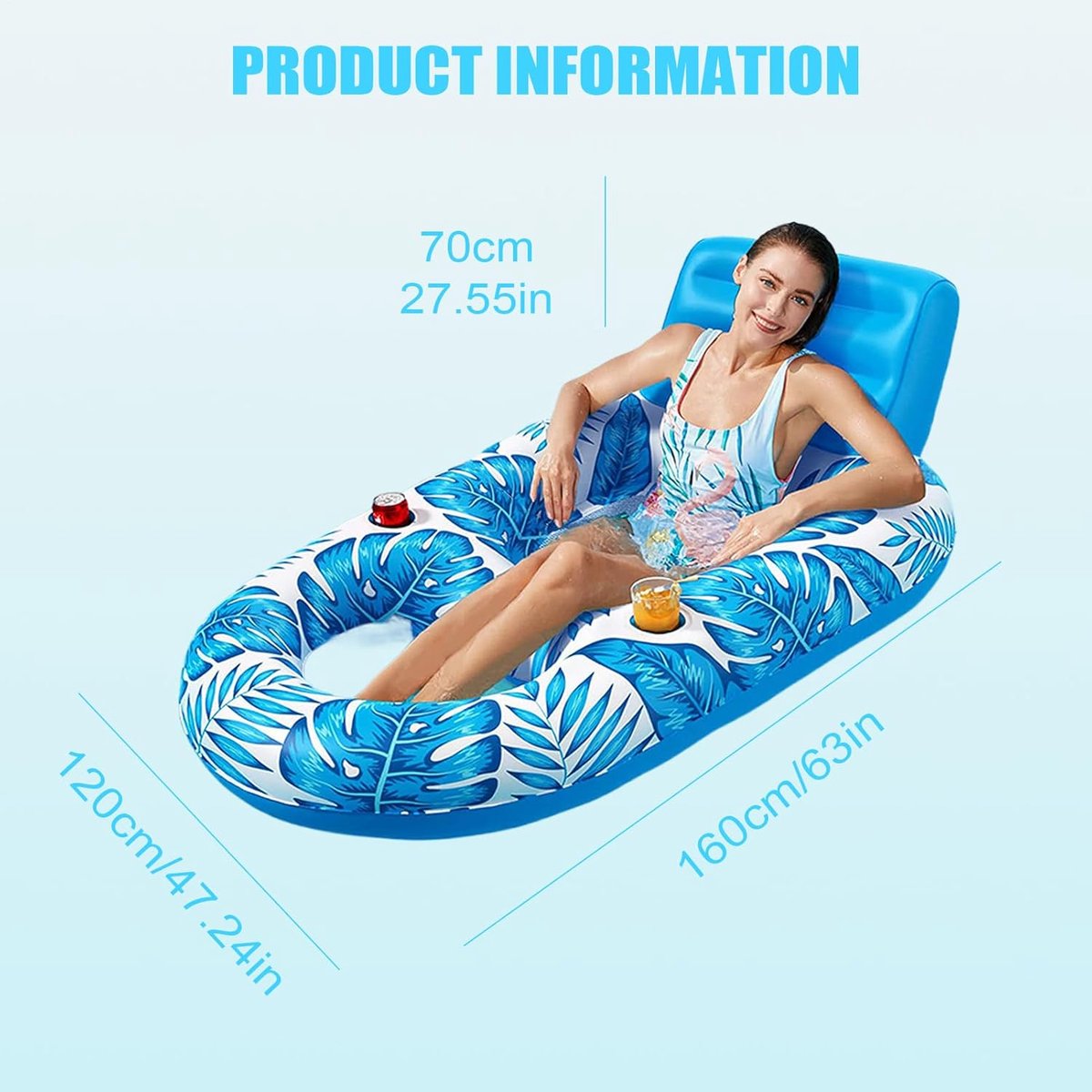 Opblaasbare Zwembadlounger – Tanning bed -t anning luchtbed– Drijvende stoel voor volwassenen – Zwembadligbed – Inclusief handpomp – Groot recreatieligbed voor buiten en op het strand – 140 x 120 x 70 cm – Blauw – foto 2