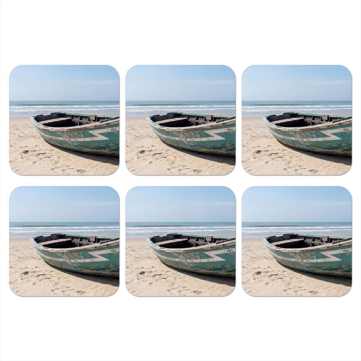 Onderzetters voor glazen - Boot - Zandstrand - Zee - 10x10 cm - Glasonderzetters - 6 stuks