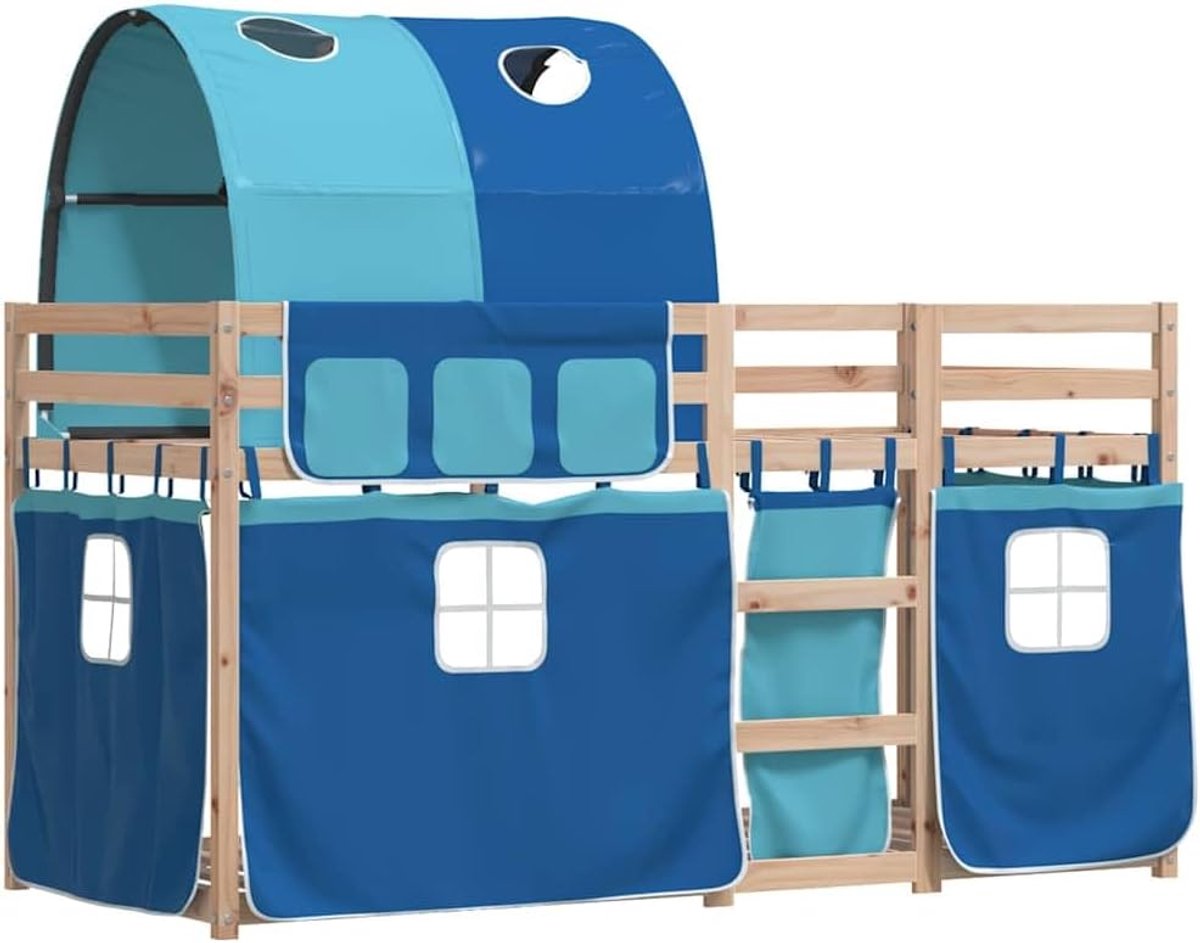 Stapelbed met Gordijnen - Kinderbed Frame - Veel slaapplekken - Massief Grenenhout - 90x190 cm - Blauw