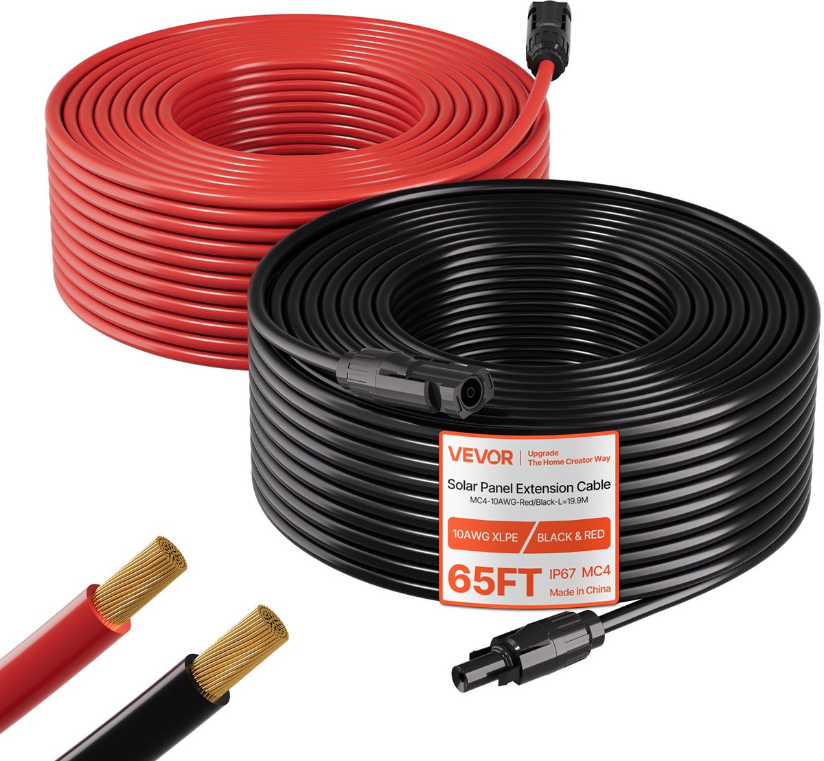 VEVOR Solar Kabelverlenging 19,9 M Zwart & 19,9 M Rood, 10 Awg, Solarverlengkabel met Mc4-Connectoren, IP67 Waterdichte Vertinde Koperkabel, Solarkabel voor Fotovoltaïsche Systemen