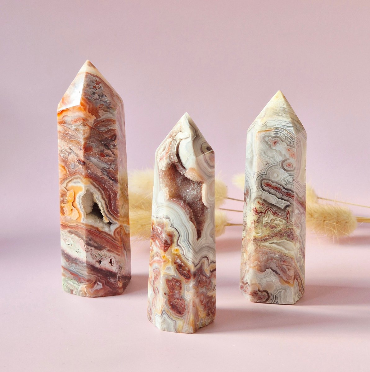 Moonlight Gemstones Edelsteen Mexicaanse Crazy Lace Agaat Toren (7-9 cm) – Aarding, rust & kleurrijke balans
