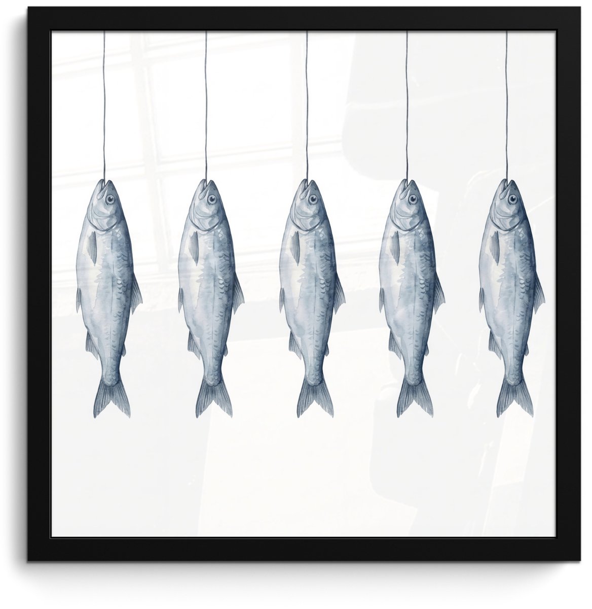 FrameYourWall Poster in lijst - Fotolijst 40x40 cm - Posters - Vissen - Illustratie - Delfts - Blauw - Posterlijst zwart - Decoratie - Wanddecoratie woonkamer - Muurdecoratie slaapkamer