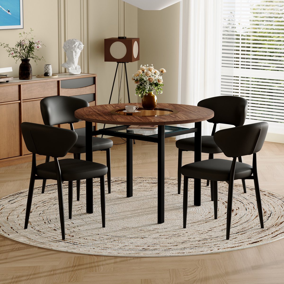 REDOM Eettafelset - Ronde Tafel Met 4 Stoelen - Minimalistisch - Voor Eetkamer Of Keuken - MDF Glas Metaal - Bruin Zwart - 100 Cm Bruin+Zwart
